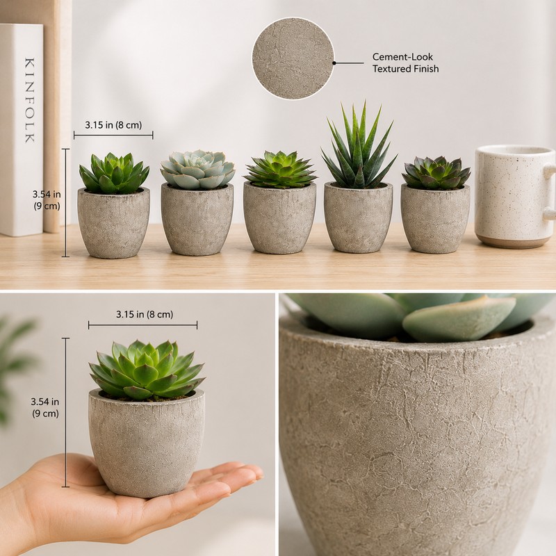 Artificial Succulent Plants in Decorative Cement-Style Pots – 5-Piece Faux