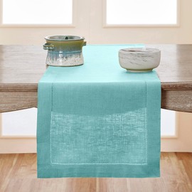 Solino Home Linen Aqua Blue Table Runner 156 Inches Long - 100% Pure Linen Classic Hemstitch Dining Table Runner 14 x 156 Inch Ideal for Wedding, Parties