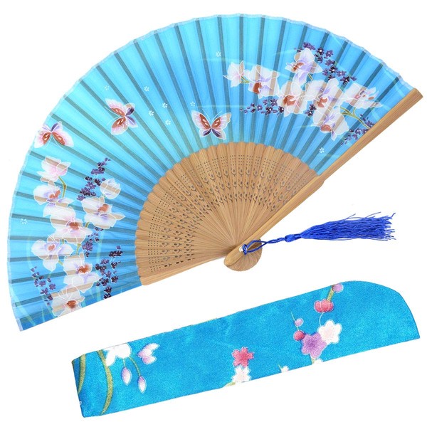 OMyTea "Orchis" chinesischer / japanischer Seiden-Handfächer für Damen, mit Bambusrahmen und einer Schutzhülle aus Stoff, Seide, WZS-33