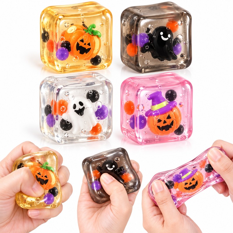 Halloween Sensory Squeeze Cubes 4-Pack, Mini Slow-Rebound Ice Cube Toys