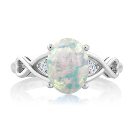 Gem Stone King 925 Sterling Silver Oval Cabochon White Simulated Opal and White Topaz Women Ring (0.65 Cttw, Gemstone Birthstone, Available In Size 5, 6, 7, 8, 9)