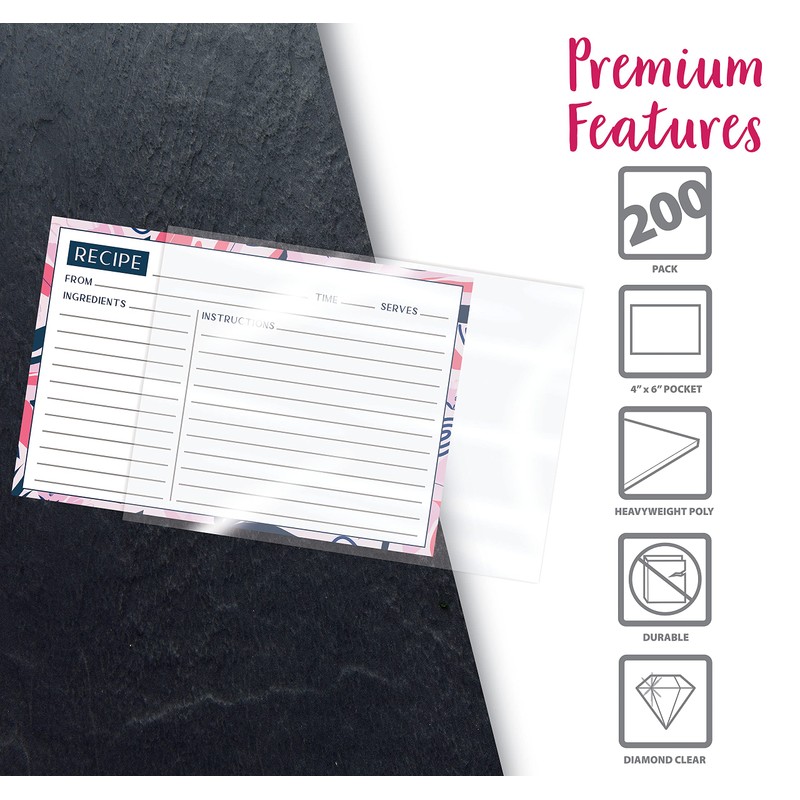 Crystal Clear Recipe Card Covers, 4 x 6 Inch, 200