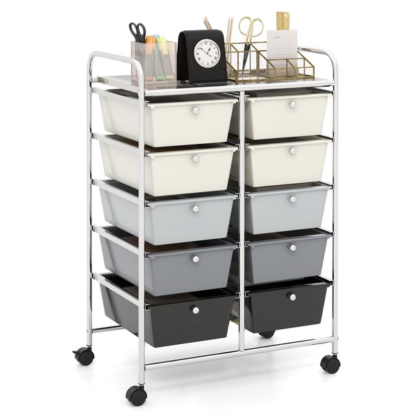 HAPPYGRILL 10-Drawer Rolling Storage Cart, Storage Organizer Cart with Lockable