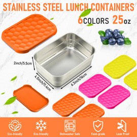 Layhit 6 Pcs Stainless Steel Containers for Kids, 25 oz Lunch Containers with Leak Silicone Lids Reusable Metal Food Snack Box for Child Daycare School Home Storage Supplies(Fresh Color)