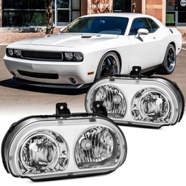 Aresparts 2PCS Headlights Assembly For 2008 2009 2010 2011 2012 2013 2014 Dodge Challenger R/T Classic SXT SRT8 Base SE Halogen Model Crystal Series Chrome Housing Clear Lens Replacement Headlamps