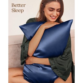 Miss Adola Silk Pillowcase 2 Pack - Pillow Cases Standard Set of 2 Size 20" x 30" for Hair and Skin Smooth Soft Breathable with Hidden Zipper Cooling Pillow Covers for Women, Navy Blue