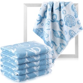 Remagr 6 Pcs Coquette Seashell Washcloths 100% Cotton Soft Absorbent Blue Wash Cloths 13" x 13" Preppy Bow Small Face Towels Coastal Beach Decorative Towels for Bath Kitchen