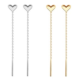 2 Pairs Women's Earrings Chain Earrings Drop Line Drop Earrings Tassel Earrings Drop Heart Earrings Stainless Steel Women Girls Long Drop Earrings (Gold + Silver)