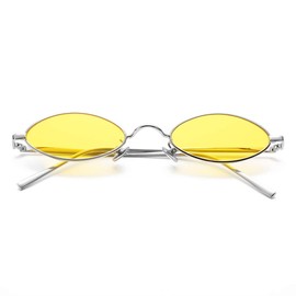 COASION Vintage Small Oval Aesthetic Sunglasses Retro for Women Men Hippie Cool Metal Frame Sun Glasses (Silver Frame/Yellow Lens)