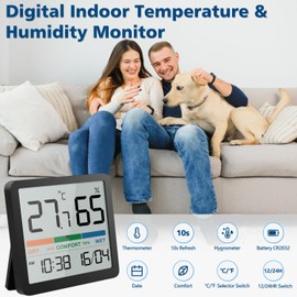 NOKLEAD Digital Room Thermometer, Indoor Hygrometer, Temperature Monitor and Humidity Meter with Date, Clock, Comfort Display, Calibration for Baby Room (Black, 2 Pieces)