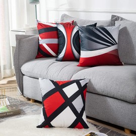 Ruedong Cushion Covers 45 x 45 cm Set of 4, Modern Abstract Red Black Gray White Stripes Throw Pillow Covers Encrypted Linen 18x18 Inches Outdoor Cushion Covers for Home Decor Garden Courtyard
