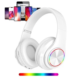 LFGKeng Wireless Bluetooth Headphones with Colorful LED Lights, Built-in Mic, Light Weight, Foldable, Wired HiFi Stereo Headphones for Classroom/Home Office/PC/Mobile Phone/Kids Adult (White)