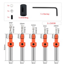 YIXISI 5 pieces 8 mm HSS countersink drill set, countersink bit, for woodworking, plastic, drill holes, with boundary ring and hex key