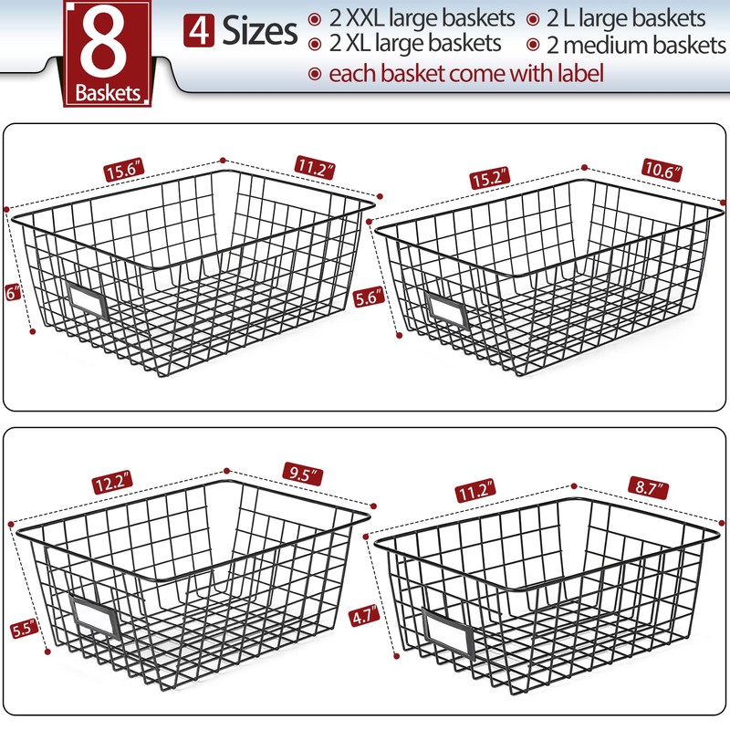 8 Set, Extra Large Wire Baskets for Organizing with Lables,