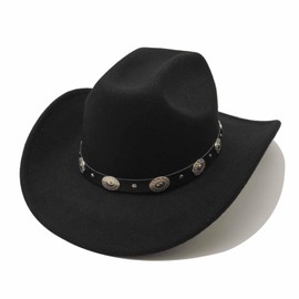 Unisex Western Cowboy Hat for Men Women Wide Brim with Belt Cowgirl Hats Felt Fedora Hat Black