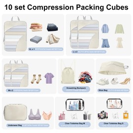 Qlfyuu Compression Packing Cubes for Suitcases Backpack, 10 Piece Lightweight Compression Bags Set Travel Storage Bags for Luggage, Travel Essentials Organiser, Beige