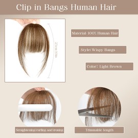 Kikone Clip-in pony bangs hair, 100% real human hair bangs, bangs clip-in hair extensions, human hair, hand woven air bangs with sideburns, curved bangs for daily wear (light brown)