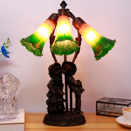 ANYONGLU Lily Lamp Tiffany Style Table Lamp 18.5 Inch Tall Tulip Flower Accent Desk Lamp with Bronze Resin Sculpture Base (3-Light/Brown Blue)