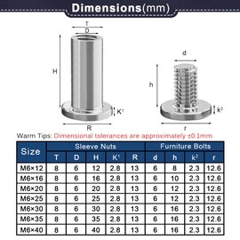 Drenky Connecting Screws M6 Sleeve Nuts 304 Stainless Steel Screws Barrel Nuts Kit M6 X 12mm Hexagon Furniture Bolts 10 Sets Flat Hex Bolt for Bed, Door, Table, Chair, Worktop, Cabinet