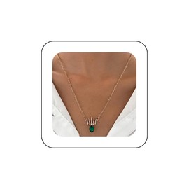 Inilbran Boho Green Emerald Crown Choker Necklace Vintage Crystal Crown Pendant Necklace Gold CZ Queen Crown Necklace Green CZ Crown Chain Necklace Jewellery for Women and Girls, Zinc