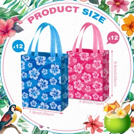 Sweetude 24 Pcs Cute Cartoon Hibiscus Hawaii Party Favor Bags Pink Blue Non-woven Goodie Candy Gift Bags with Handles for Hawaiian Summer Tropical Luau Birthday Party Baby Shower Supplies