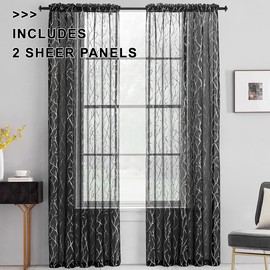 FINECITY Curtains, 2 Pair Black Silver Sheer, 52 x 84 Inch, Rod Pocket, Living Room, Tree Branch Pattern