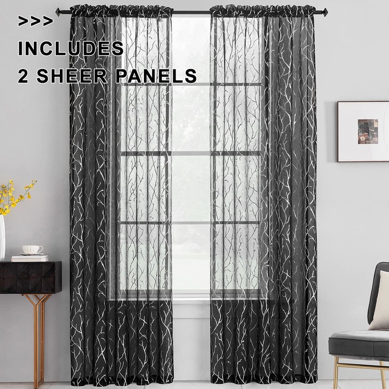 FINECITY Curtains, 2 Pair Black Silver Sheer, 52 x 84