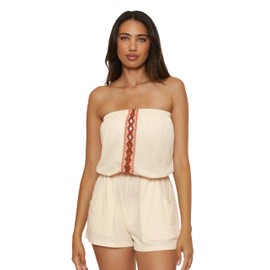 Lucky Brand Women's Standard Malaga Bandeau Romper, Crochet Trim, Casual, Beach Cover Ups, Natural