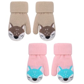 ViEinkaufen 2 Pairs Baby Mittens Boys Girls Winter Warm Toddlers Knitted Mittens Cute Cartoon Gloves with a Thick Fluffy Lining on Neck Mittens for Kids Age 1-3 Years