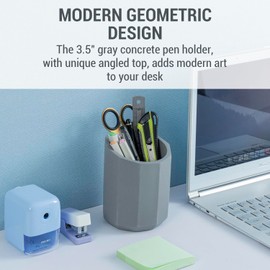 MyGift 3.5 Inch Round Modern Geometric Gray Concrete Pen Holder with Angled Top, Faceted Pencil Cup Office Desk Organizer, Vanity Table Makeup Brush Storage