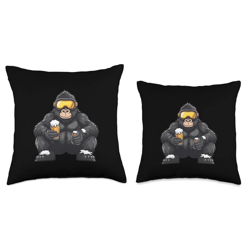 Ski Gorilla With Beer | Apres Ski Comic Throw Pillow