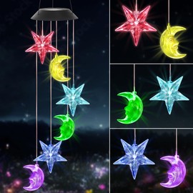 Dremisland Star Moon Solar Wind Chimes for Garden Birthday Gifts for Women Mum Color Changing Wind Chimes Outdoor Waterproof Mobile Garden Lamp Solar Lights Decor for Yard Porch Patio