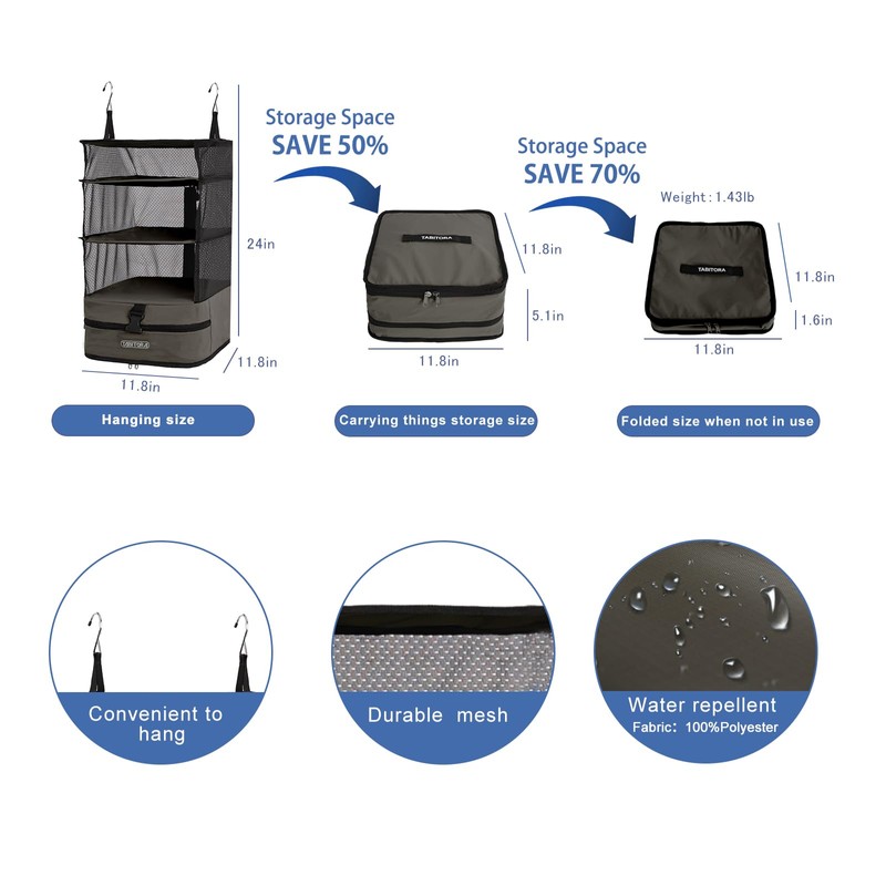 TABITORA Portable Hanging Travel Shelves Bag Packing Cube Organizer Suitcase