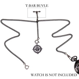 ManChDa Double Albert Chain Curb Link Chain with Compass Fob T Bar with 3 Hook Antique Plating Shield Design for Men Black
