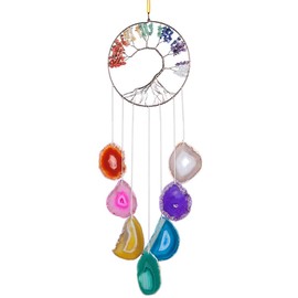 Rockcloud 7 Chakra Tree of Life Wall Hanging Wind Chimes with Agate Slices Pendants Ornament Windows Hanging Ornament for Home Garden Decoration, Colorful