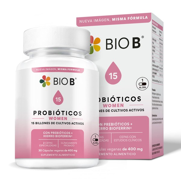 Bio B | Probióticos Women con 15 billones UFC + Hierro BioFerrin | Cepas especializadas + prebióticos | 30 cápsulas veganas