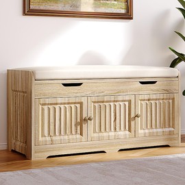 Kogven Shoe Bench,Entryway Storage Bench with Lift Top Cushion Seat & Hidden Space, Bedroom End of Bed Bench with 3-Sided Geometric Wavy Fluted for Hallway, Nature Wood