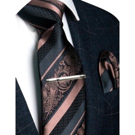 JEMYGINS Mens Mixed Roses Striped Tie Set Including Tie Clip & Handkerchief, Light Rose Gold