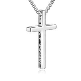 Fiusem Cross Necklace for Men, Inspirational Bible Verse Cross Chain for Men, Stainless Steel Box Necklace 14K Silver Plated 22", BE STRONG BE BRAVE BE FEARLESS YOU ARE NEVER ALONE