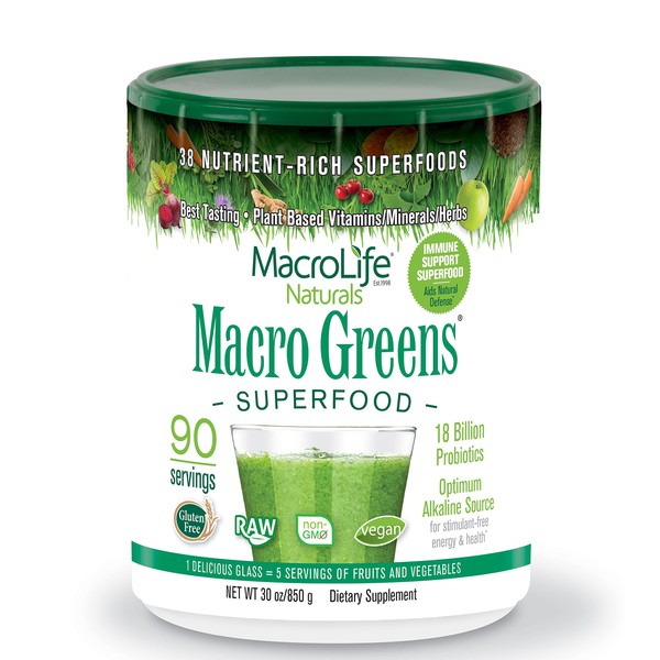MacroLife Naturals Macro Greens Powder 38 Superfood Probiotic Antioxidant Enzyme & Herbal Supplement Immunity Energy Cleanse - Non-GMO Vegan Gluten-Free Dairy-Free - 30oz (90 Servings)