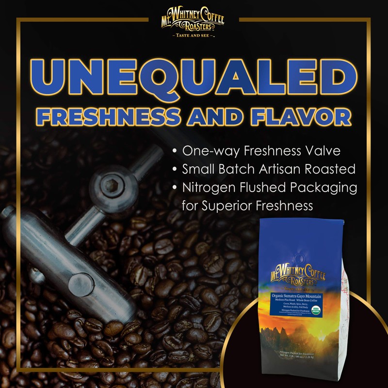 Mt. Whitney Organic Gayo Mountain Sumatra, Medium Dark Roast, Low