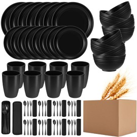 Pinkunn 64 Pcs Wheat Straw Dinnerware Sets with Stainless Steel Flatware Unbreakable Plates and Bowls Sets for 8 Colorful Tableware Set Kitchen Microwave Dishwasher Safe Bowl Plates Cups(Black)