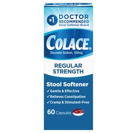 Colace Stool Softener 100 mg, 60 Capsules, Constipation Relief, Docusate Sodium, Gentle Docusate, Stimulant-Free, Regular Strength, #1 Doctor Recommended Stool Softener Brand