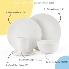 Homienly Wheat Straw Dinnerware Set,40-Piece Dish Set for 8, Dinner Plates, Dessert Plate, Cereal Bowls, Cups, Appetizer Plates,Reusable Dinner Plates Kids Plates and Bowls Sets, White