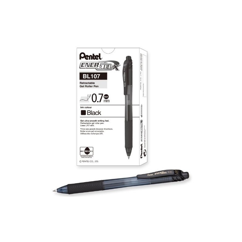 Pentel - Gel Pen, Retractable, .7mm, Med Point,Metal Tip, Black,