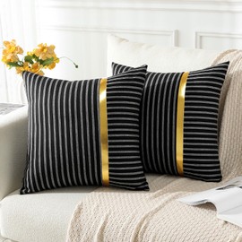 JOTOM Striped Patchwork Gold Leather Cushion Covers 45x45 cm Farmhouse Decorative Throw Pillow Covers Cushion Pillowcase for Couch Sofa Living Room Bed Home Decor 18x18 Inch Set of 2 (White Stripe B)