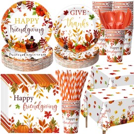 Potchen 452 Pcs Happy Friendsgiving Party Decorations for 50, Fall Friendsgiving Paper Plates Napkins Cups Tablecloth Cutlery Straws for Autumn Harvest, Give Thanks Friends Giving Party Supplies