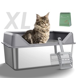 Large Litter Box with Lid, Litter Box with High Sides, Stainless Steel Litter Box for Big Cats with Scoop,Non-Sticky,Anti-Leakage and Easy Clean (X-Large)