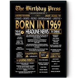 Stuff4 Gold 56th Birthday Poster Framed - Golden Born In 1969 Newspaper - Happy 56 Birthday for Men Women Retro Vintage Gifts Back In 1969, 8x10 Inch Bday Party Decor Decoration