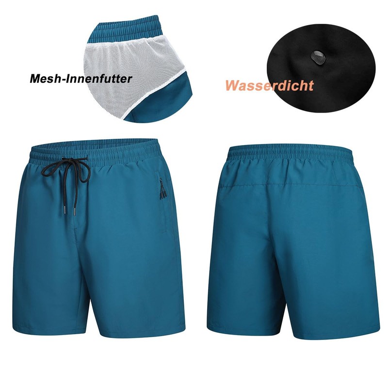 Ougelebo Swimming Trunks with Zip Pocket Men's Quick-Drying, peacock blue,